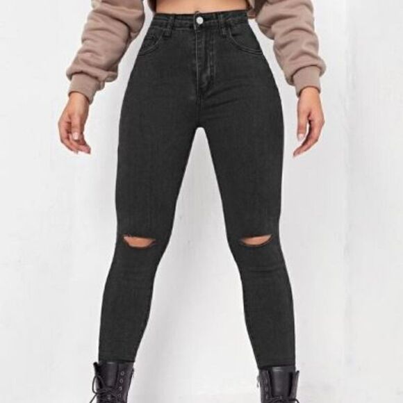 SHEIN Women's High-Waisted Ripped Skinny Jeans in Black Size 6  NWT - Picture 1 of 5